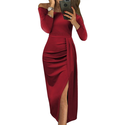 Women  Sleeves  Round Neck Split Evening Cocktail Long Dress