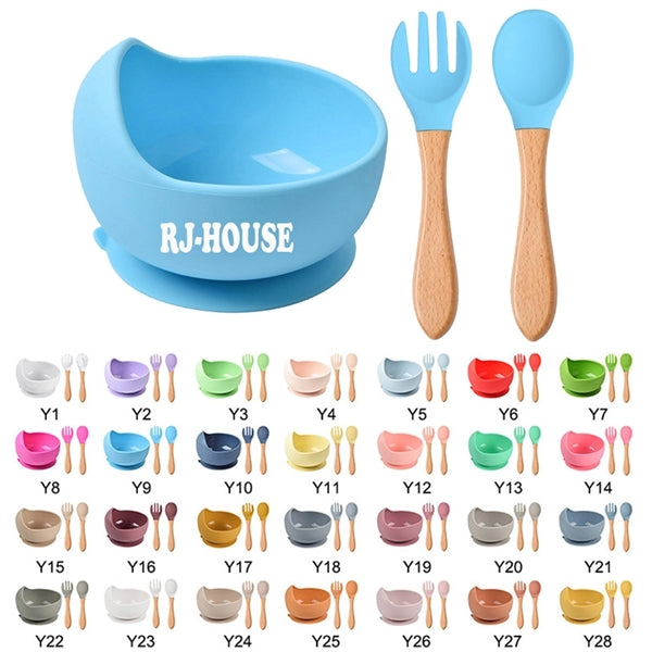 Baby Silicone Bowl Set With Wooden Handle Spoon & Fork