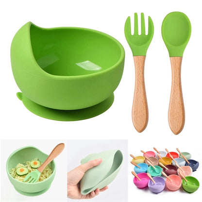 Baby Silicone Bowl Set With Wooden Handle Spoon & Fork