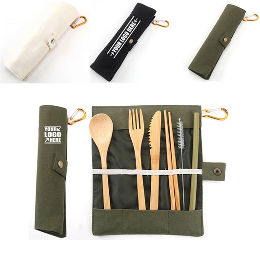 Bamboo 7 Pcs Cutlery Set With Mountaineering Buckle