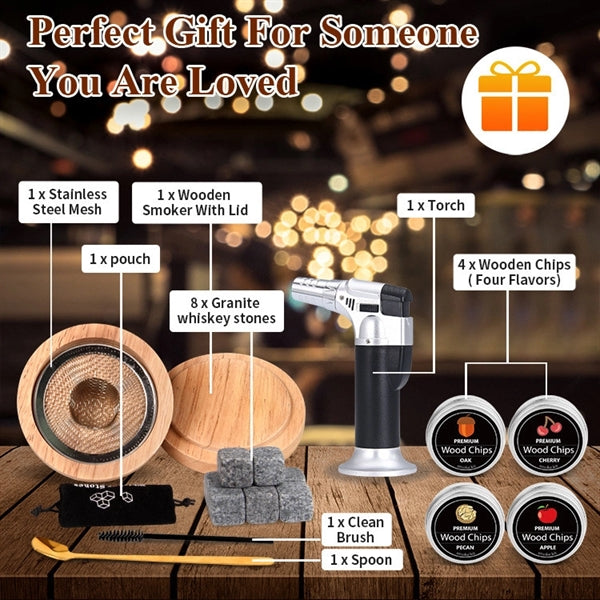 18 Pieces Cocktail Whiskey Smoker Kit Wooden Box Gift Set