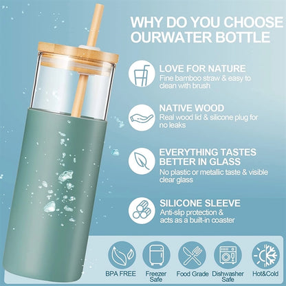 Glass bottle With Bamboo Lid and Straw 16oz