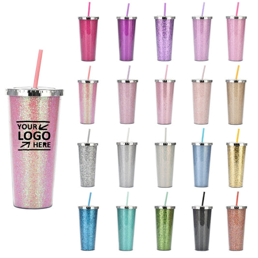 24oz Acrylic Double Wall Glitter Tumbler With Straw