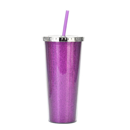 24oz Acrylic Double Wall Glitter Tumbler With Straw
