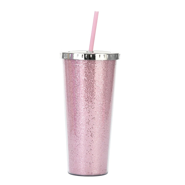 24oz Acrylic Double Wall Glitter Tumbler With Straw