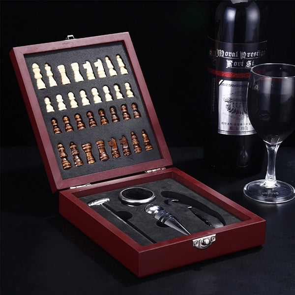 Black Wooden Box Wine Accessories With Chess Set