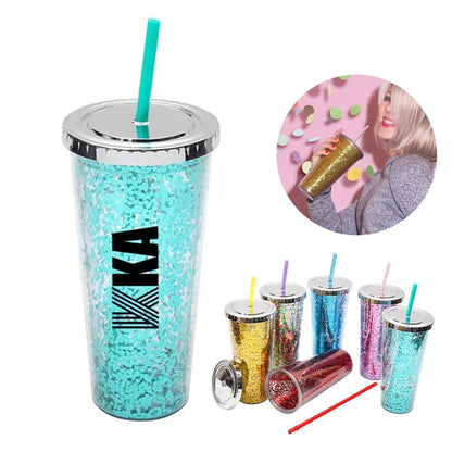 Double Walled Glitter Cup with Straw