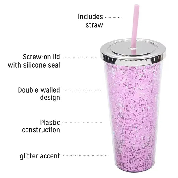 Double Walled Glitter Cup with Straw