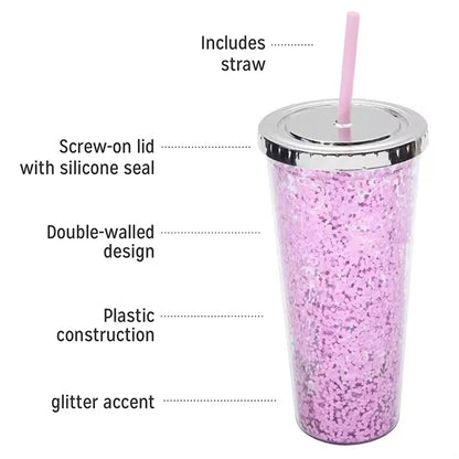 Double Walled Glitter Cup with Straw