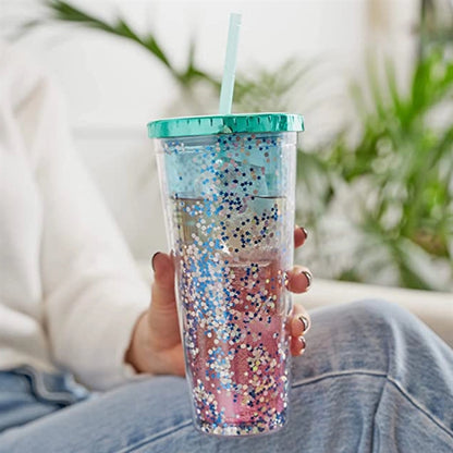Double Walled Glitter Cup with Straw