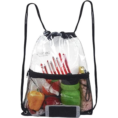 Clear PVC Drawstring Bag w/ Mesh Pocket (13.5" x 17")