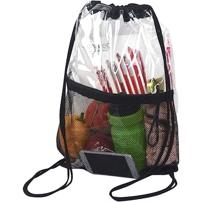 Clear PVC Drawstring Bag w/ Mesh Pocket (13.5" x 17")