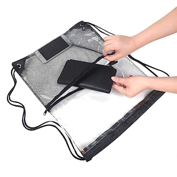 Clear PVC Drawstring Bag w/ Mesh Pocket (13.5" x 17")