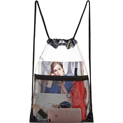 Clear PVC Drawstring Bag w/ Mesh Pocket (13.5" x 17")
