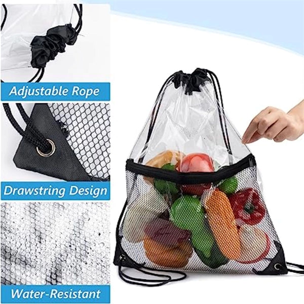 Clear PVC Drawstring Bag w/ Mesh Pocket (13.5" x 17")