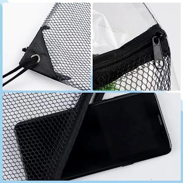 Clear PVC Drawstring Bag w/ Mesh Pocket (13.5" x 17")