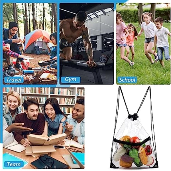 Clear PVC Drawstring Bag w/ Mesh Pocket (13.5" x 17")