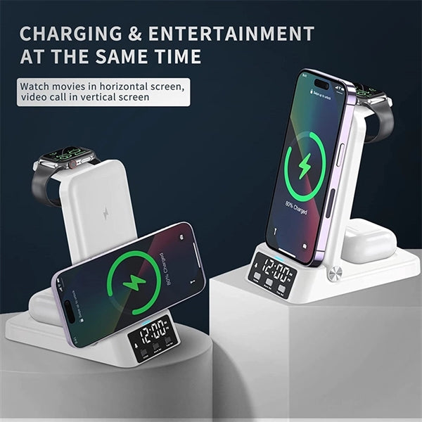 4 in 1 Wireless Charging Station Charger with Alarm Clock