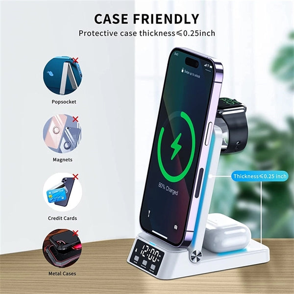 4 in 1 Wireless Charging Station Charger with Alarm Clock