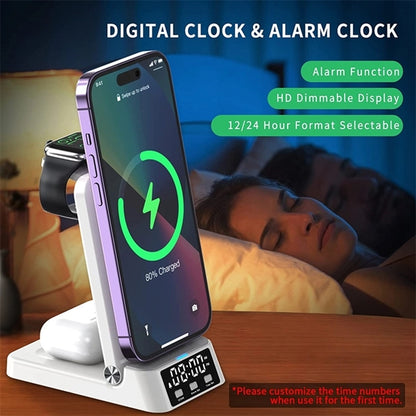 4 in 1 Wireless Charging Station Charger with Alarm Clock