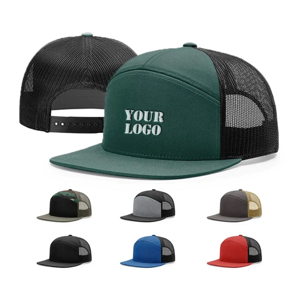 Premium 7-Panel Mesh Back Cap Flat Bill Trucker Hat Snapback
