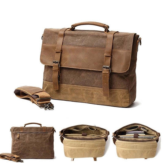 Waterproof Vintage Genuine Leather Waxed Canvas Briefcase