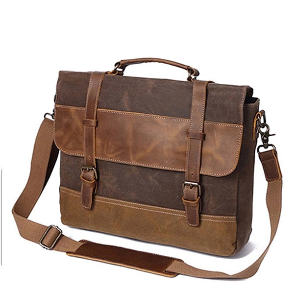 Waterproof Vintage Genuine Leather Waxed Canvas Briefcase