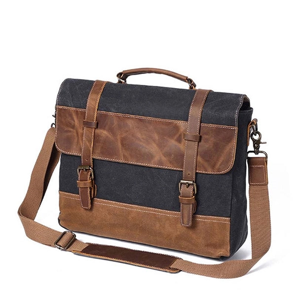 Waterproof Vintage Genuine Leather Waxed Canvas Briefcase