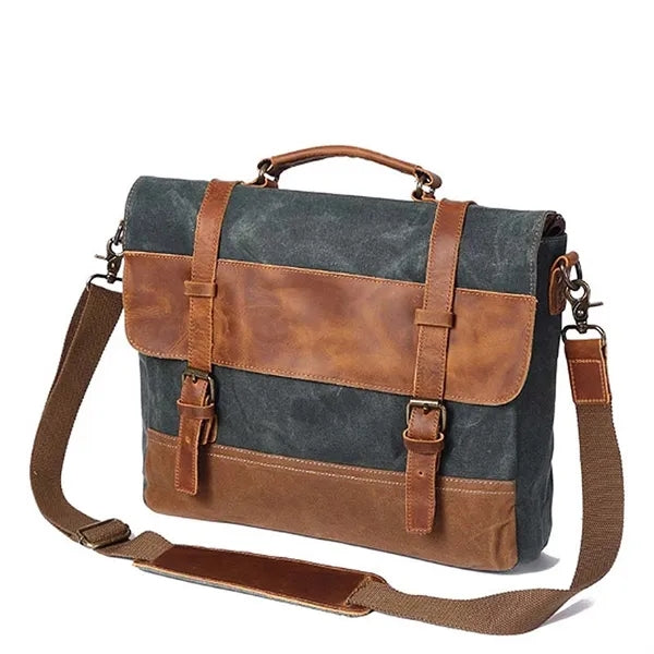 Waterproof Vintage Genuine Leather Waxed Canvas Briefcase