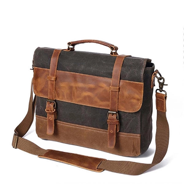 Waterproof Vintage Genuine Leather Waxed Canvas Briefcase