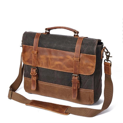 Waterproof Vintage Genuine Leather Waxed Canvas Briefcase
