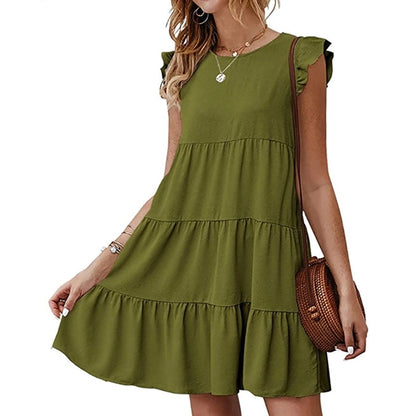 Women's Summer Casual Round Neck Sleeveless Pleated Dress