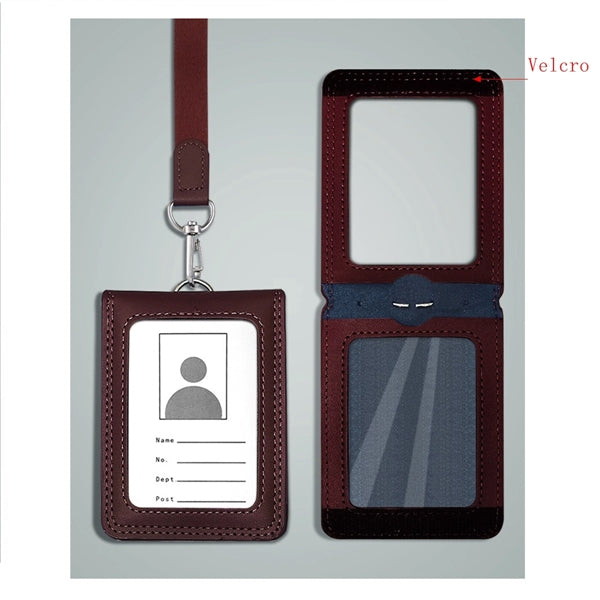 Genuine Leather ID Badge Holder Tag Foldable with Lanyard