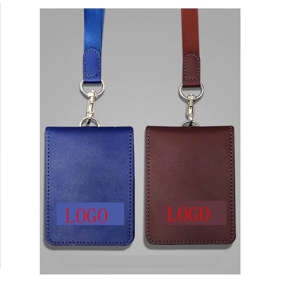 Genuine Leather ID Badge Holder Tag Foldable with Lanyard