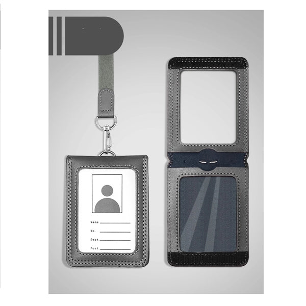 Genuine Leather ID Badge Holder Tag Foldable with Lanyard