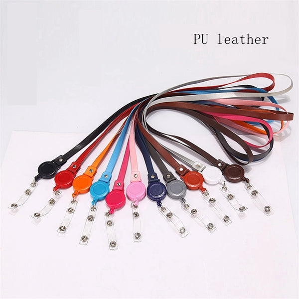 PU Leather ID Badge Lanyard Strap with Retractable Reel Clip