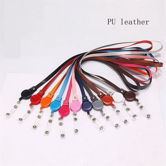 PU Leather ID Badge Lanyard Strap with Retractable Reel Clip