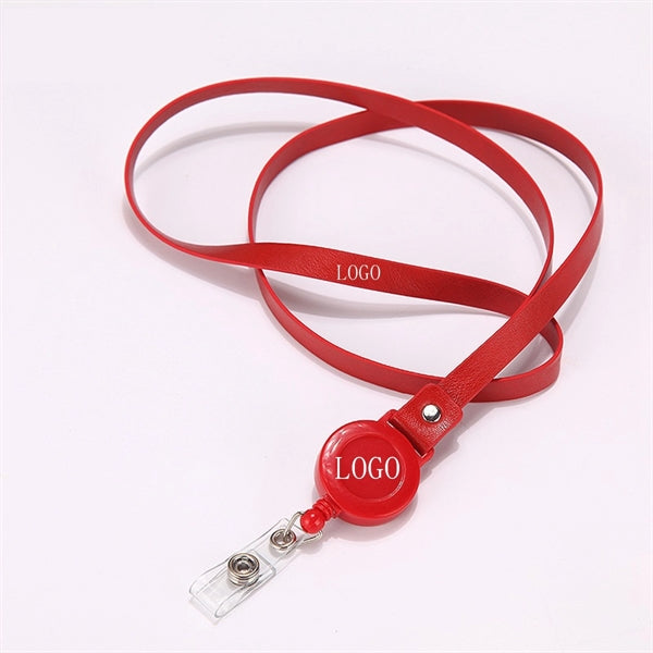 PU Leather ID Badge Lanyard Strap with Retractable Reel Clip