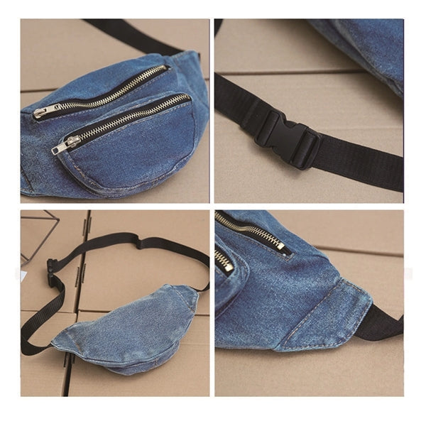 Denim Fanny Pack/Waist Bag w/ 2 Zippers
