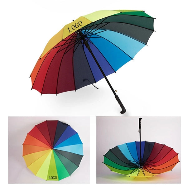 44" Arc Large Sturdy Long Handle Straight Rainbow Umbrella