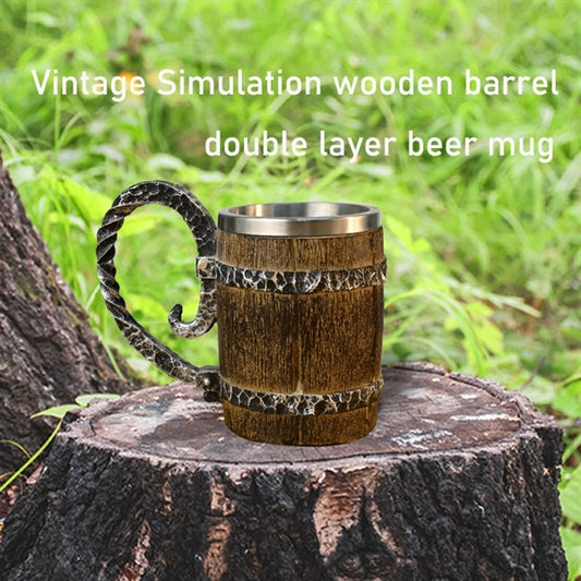 Vintage Simulation Wooden Barrel Double Layer Beer Mug