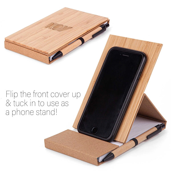 4x6 Bamboo Phone Holder Notepad & Pen Set with Sticky Notes