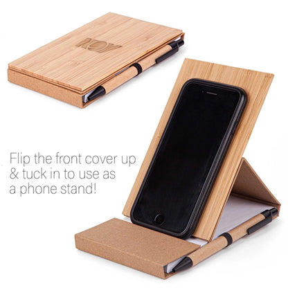 4x6 Bamboo Phone Holder Notepad & Pen Set with Sticky Notes