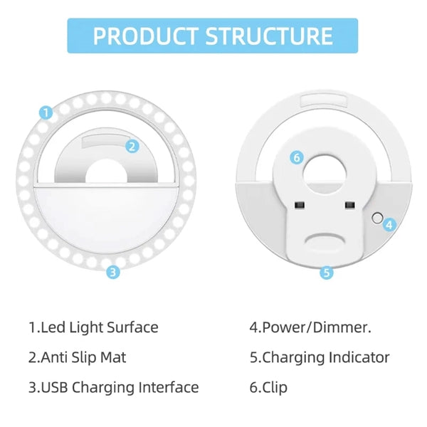 Adjustable LED Clip On Rechargeable Selfie Ring Light