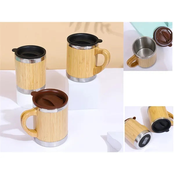 11 Oz Stainless Steel Bamboo Mug With Handle And Lid.
