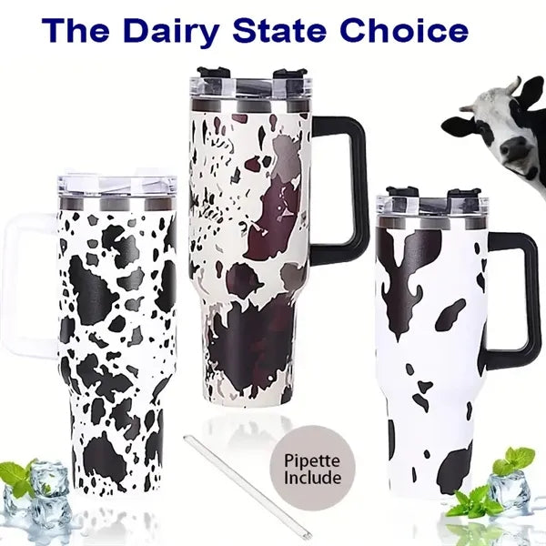 40oz White Cow Print Insulated Camping Tumbler
