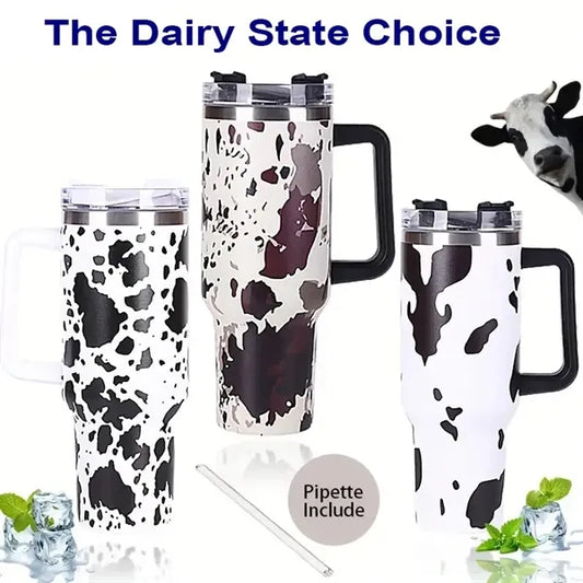 40oz White Cow Print Insulated Camping Tumbler