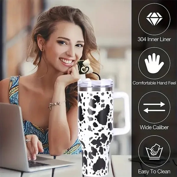 40oz White Cow Print Insulated Camping Tumbler