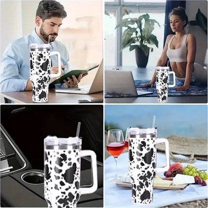 40oz White Cow Print Insulated Camping Tumbler