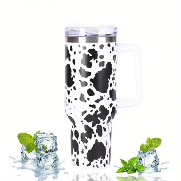 40oz White Cow Print Insulated Camping Tumbler